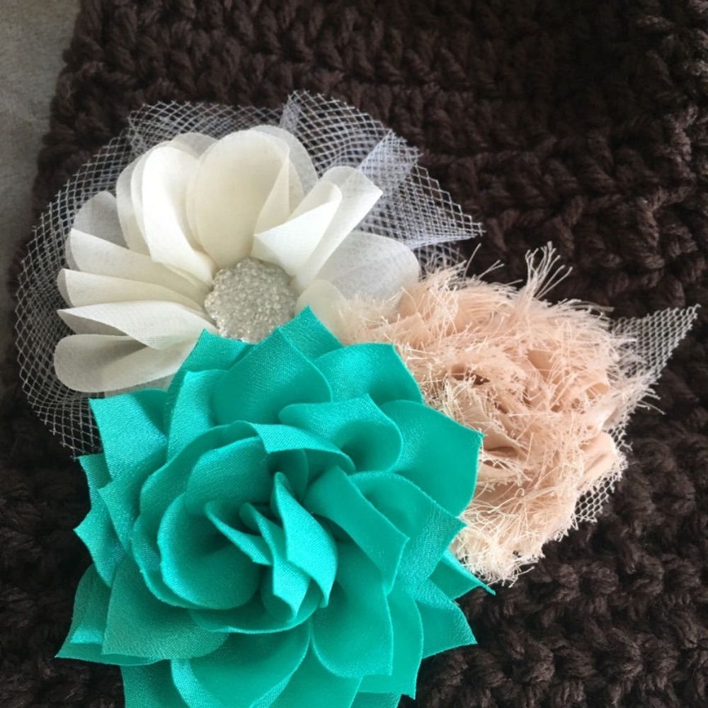 Ladies Brown Beanie with Teal and Cream Flowers